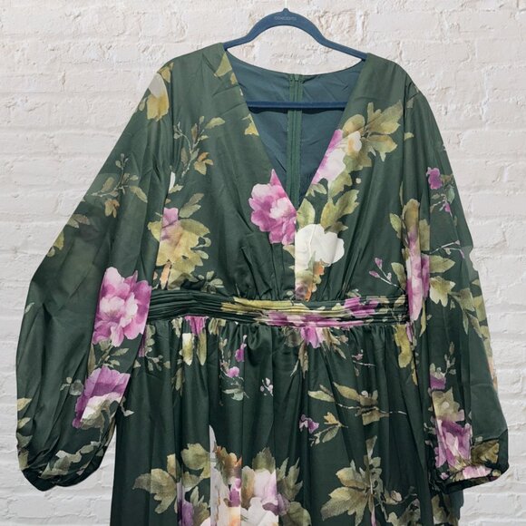 4X (FITS LIKE A 3X) Green Chiffon Floral Print Lantern Sleeve Maxi DressNWT - Picture 2 of 10